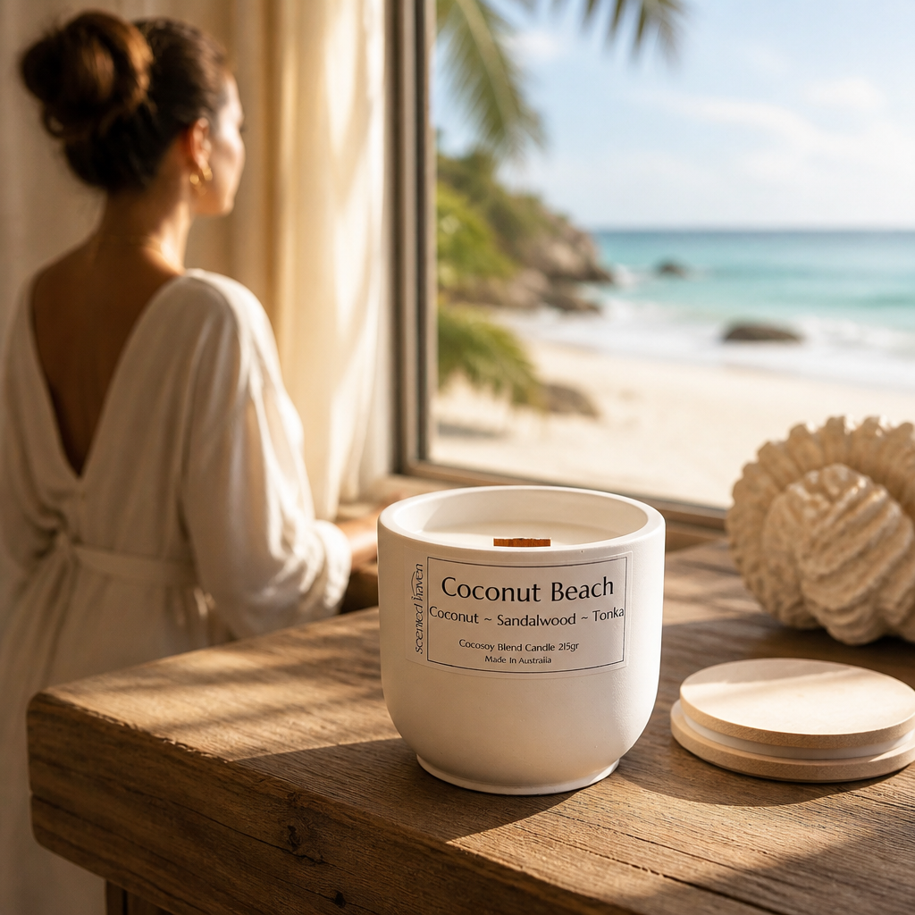 Coconut Beach: Coconut + Sandalwood + Tonka Candle For The Lovers of Woody Scents